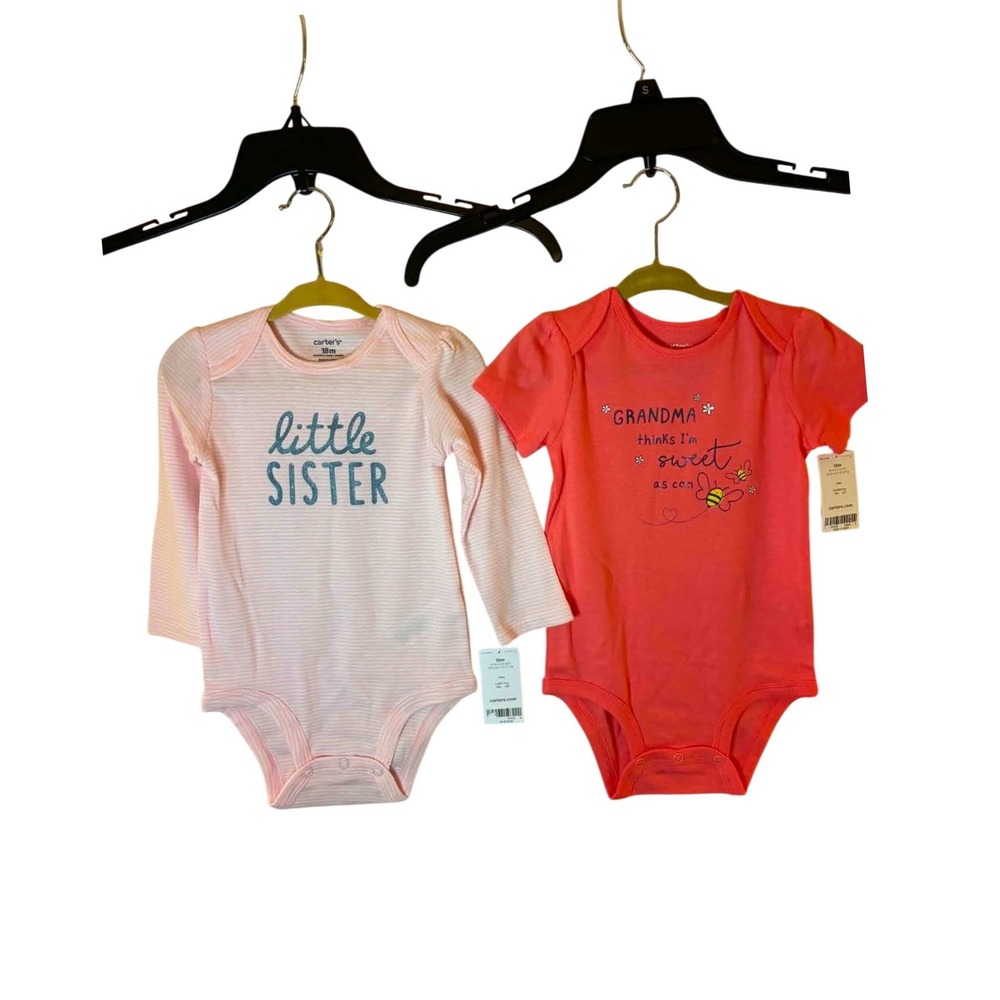 Carters Bodysuit Set Baby Girl 18M Pink Coral Little Sister Grandma Bee 2pc